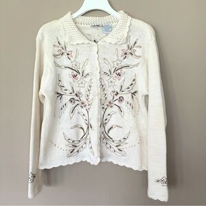 Cottagecore Cardigan Sweater Embroidered Beaded Women PETITE LARGE Pearls Floral